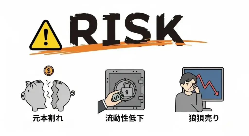 長期投資における3つの主要な注意点(元本割れリスク、流動性の低さ、感情的な失敗)を強調した警告図。