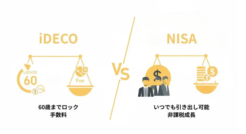 iDeCoとNISAの制度の違いを比較したインフォグラフィック。iDeCoには「60歳までロック」と「手数料」のアイコン、NISAには「いつでも引き出し可能」と「非課税成長」のアイコンで注意点を対比。