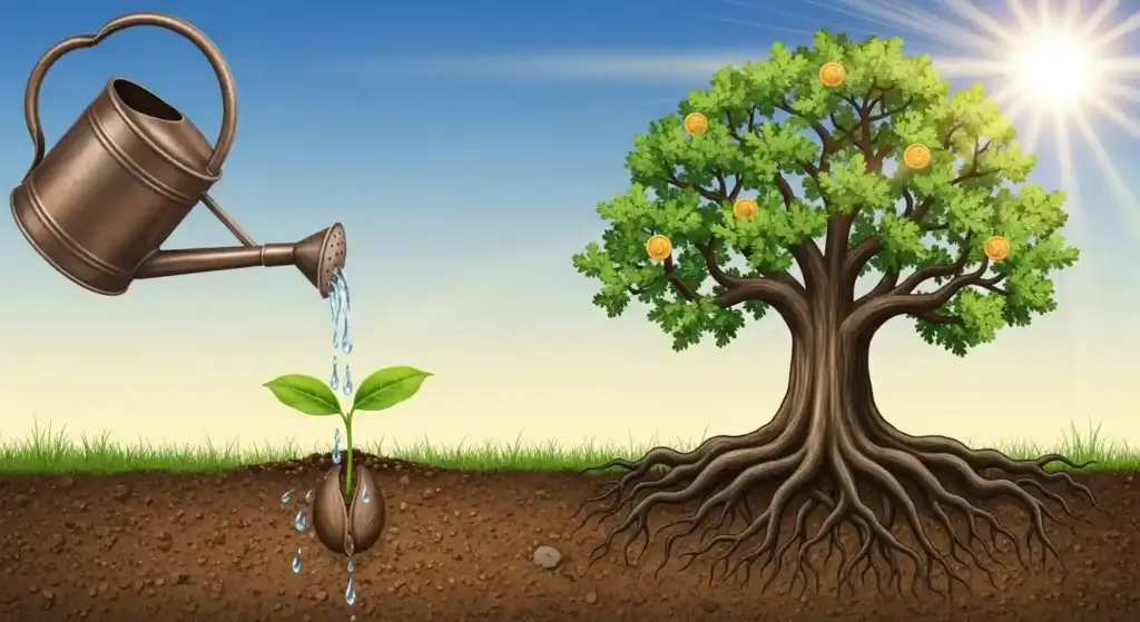 小さな種が大きな木に育つ様子を表現したイラスト