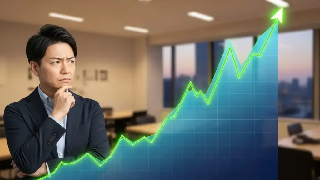 価格が右肩上がりに上昇し続ける相場。ドルコスト平均法が不利になるデメリットの局面を視覚化。