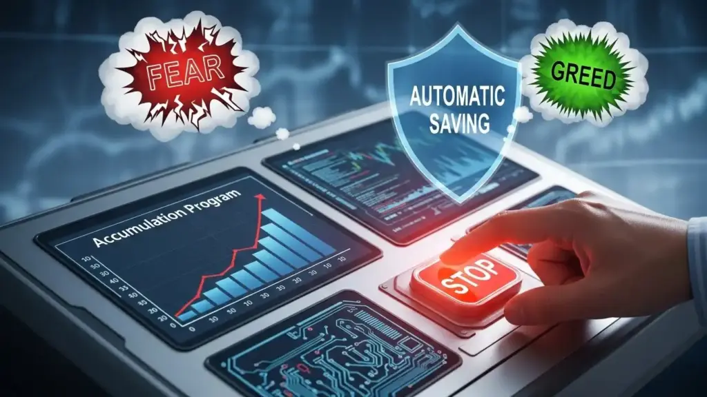 感情的な投資判断(恐怖・欲望)を避け、自動積立(機械的な取引)の重要性を示す図。