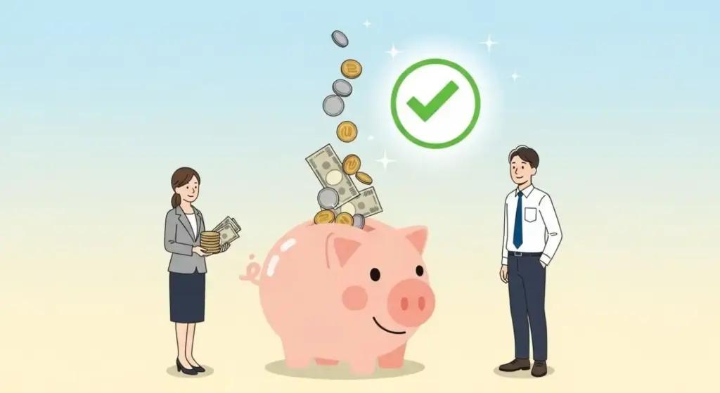 公務員が積立NISAとiDeCoを活用し、安定的に資産を積み立て、税制優遇を受けているイメージ。