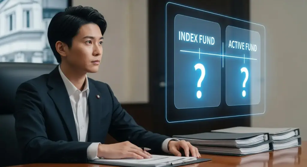 公務員が多忙な業務の合間に、iDeCoやNISA、インデックスファンド、アクティブファンドといった投資の選択肢を真剣に検討している様子。