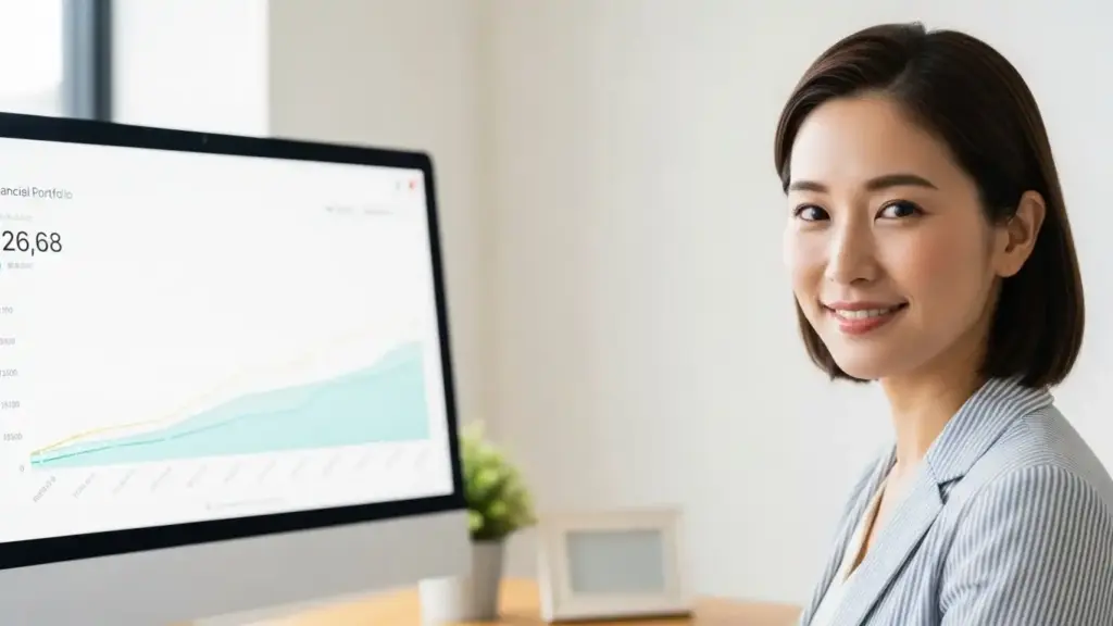 公務員が長期投資のメリットを享受し、安心して将来を見据えている未来図。