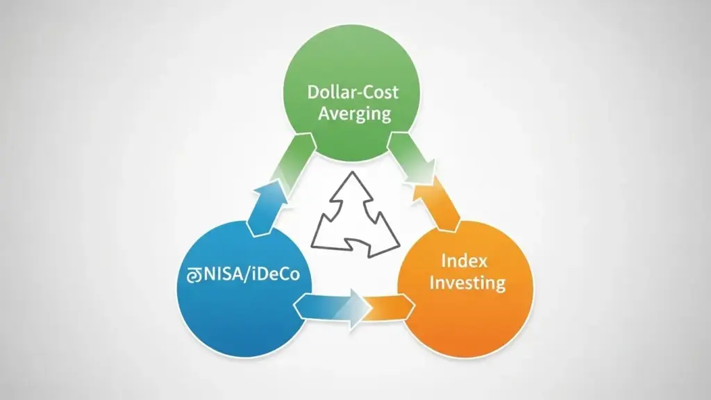 ドルコスト平均法と積立NISA、iDeCoの三者を組み合わせた連携図。税制優遇とリスク分散の相乗効果を示す。
