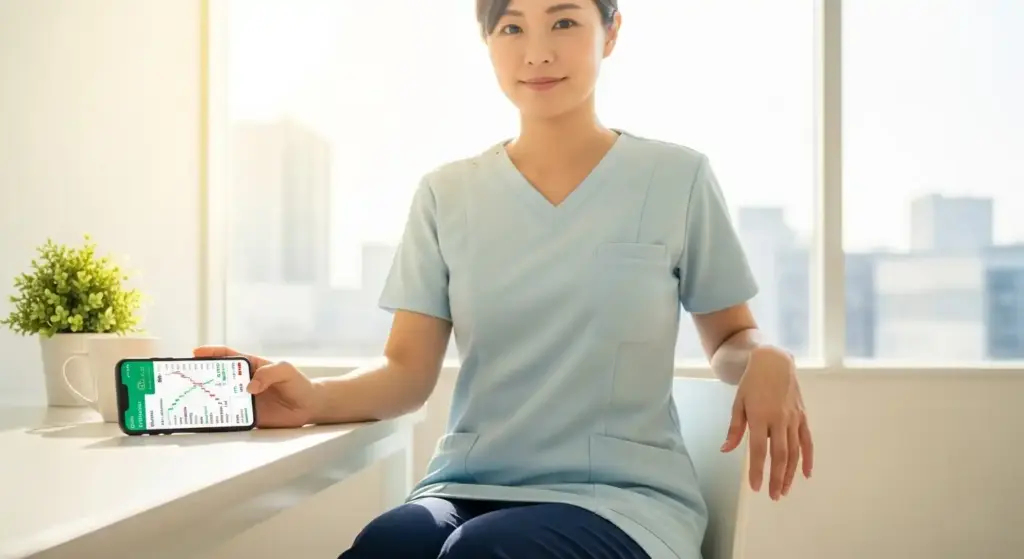 公務員が休憩中にスマートフォンでNISA口座を確認している様子