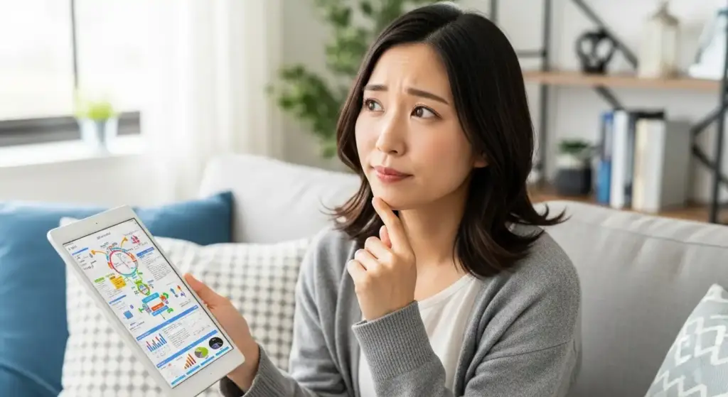 タブレットで投資のグラフやデータを眺めながら、複雑な情報に困惑し、考え込んでいる日本人女性の様子。投資初心者がファンド選びに悩む状況を表現。
