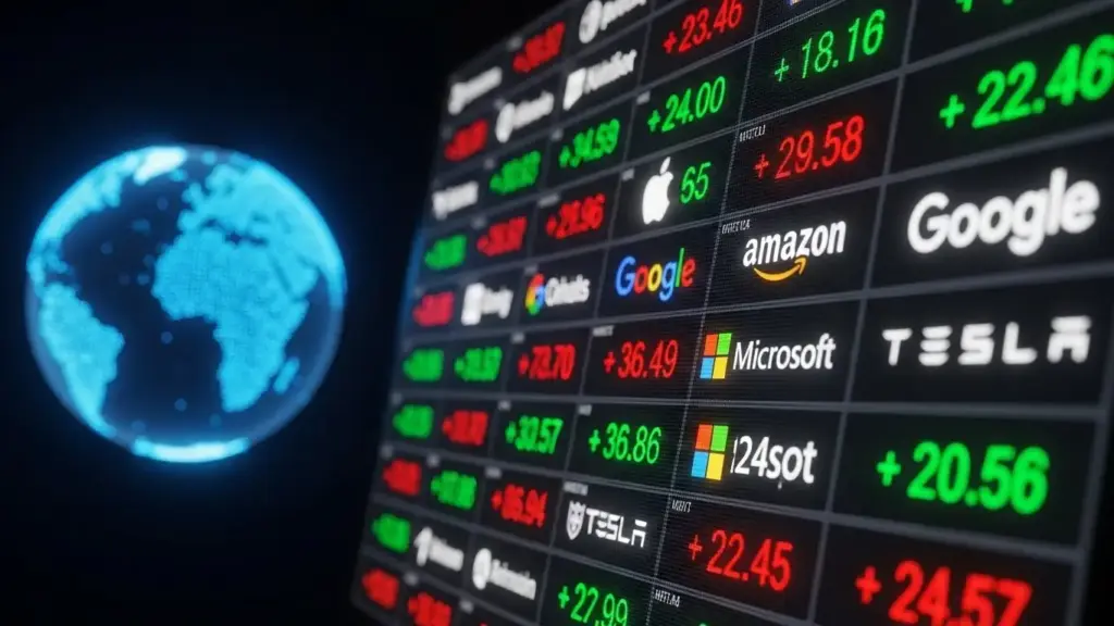 世界的な市場の影響を受けて変動する株式市場のイメージ。