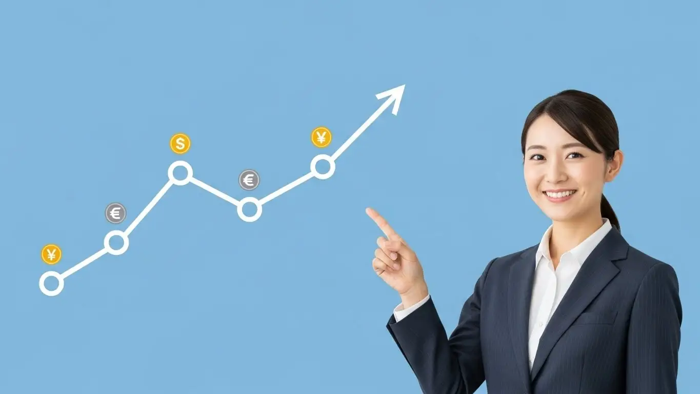 笑顔の公務員がドルコスト平均法のグラフを指さす。投資初心者でもリスクを抑えて安心して資産運用を始めるイメージ。