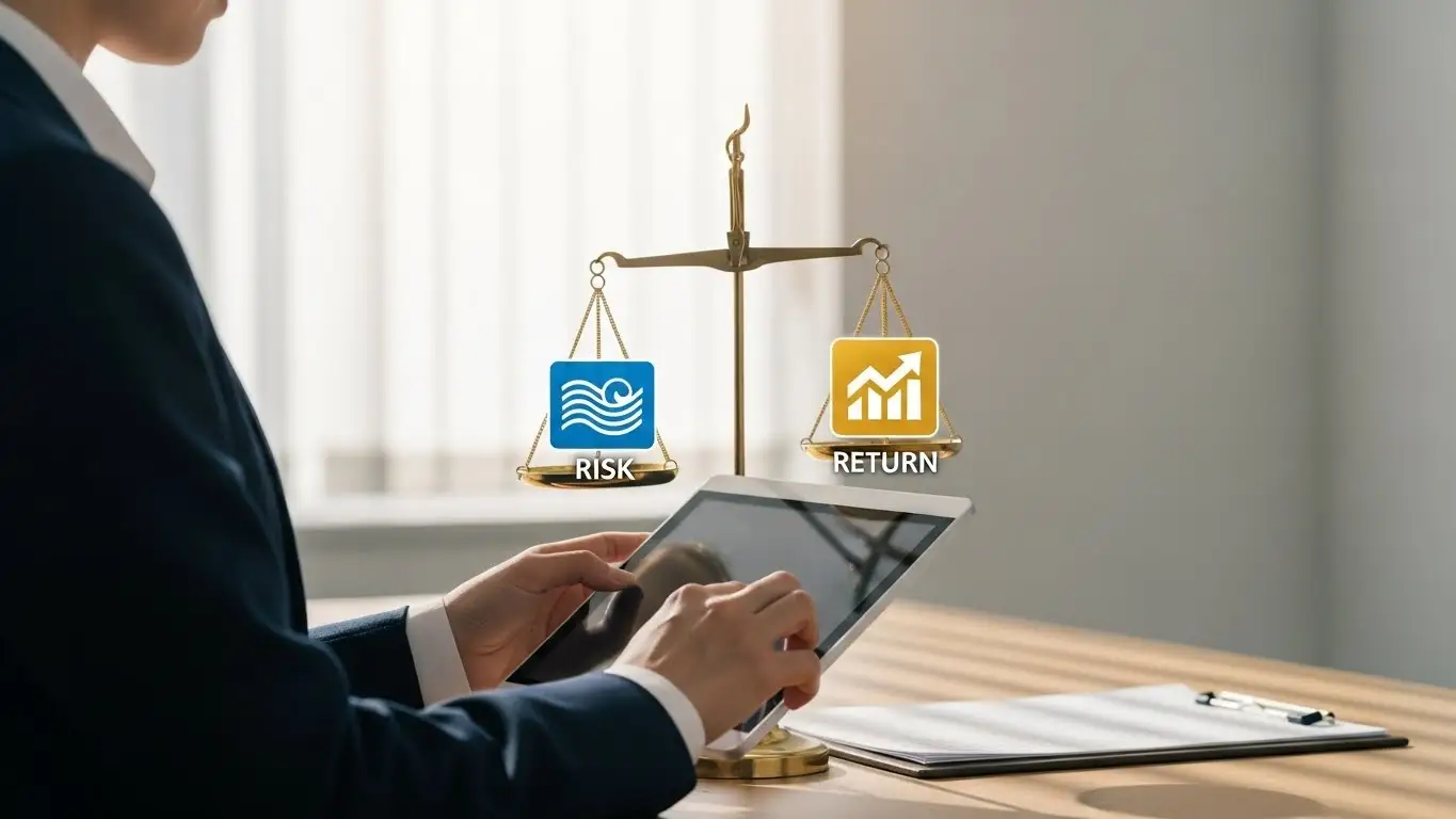 投資のリスクとリターンのバランスをタブレットで確認する公務員。