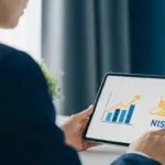 公務員がタブレットで積立NISAの成長グラフを確認している様子