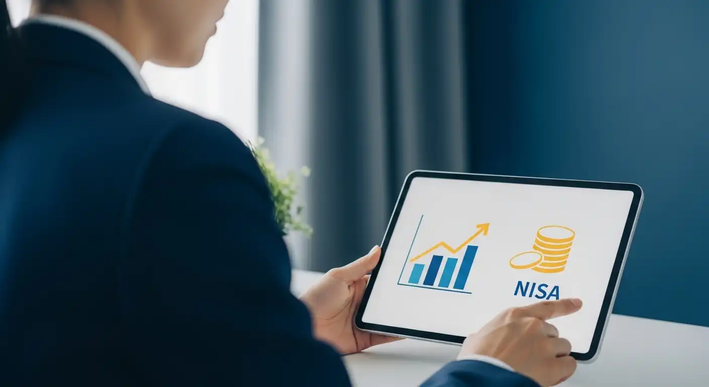 公務員がタブレットで積立NISAの成長グラフを確認している様子