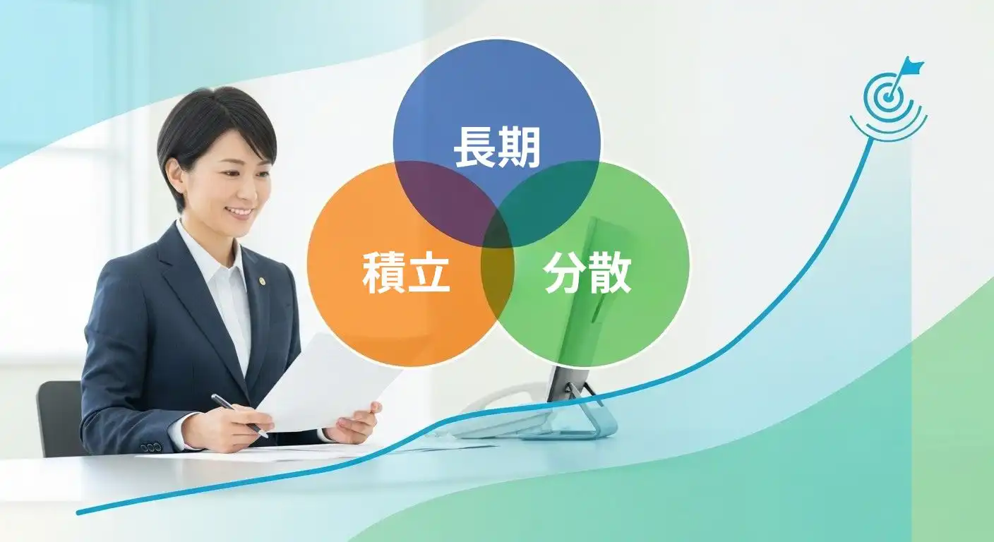 投資の三原則（長期・分散・積立）を図解したインフォグラフィック。公務員初心者が将来の資産形成を成功させるための安全な土台を示す。